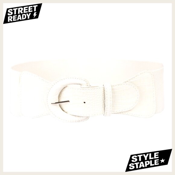 Vintage Chunky Buckle Stretchy Cinch Belt Wide Faux Leather Elegant Retro main image 3